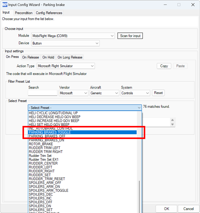 Screenshot of the input tab on press event with the PARKING BRAKES TOGGLE preset selected.