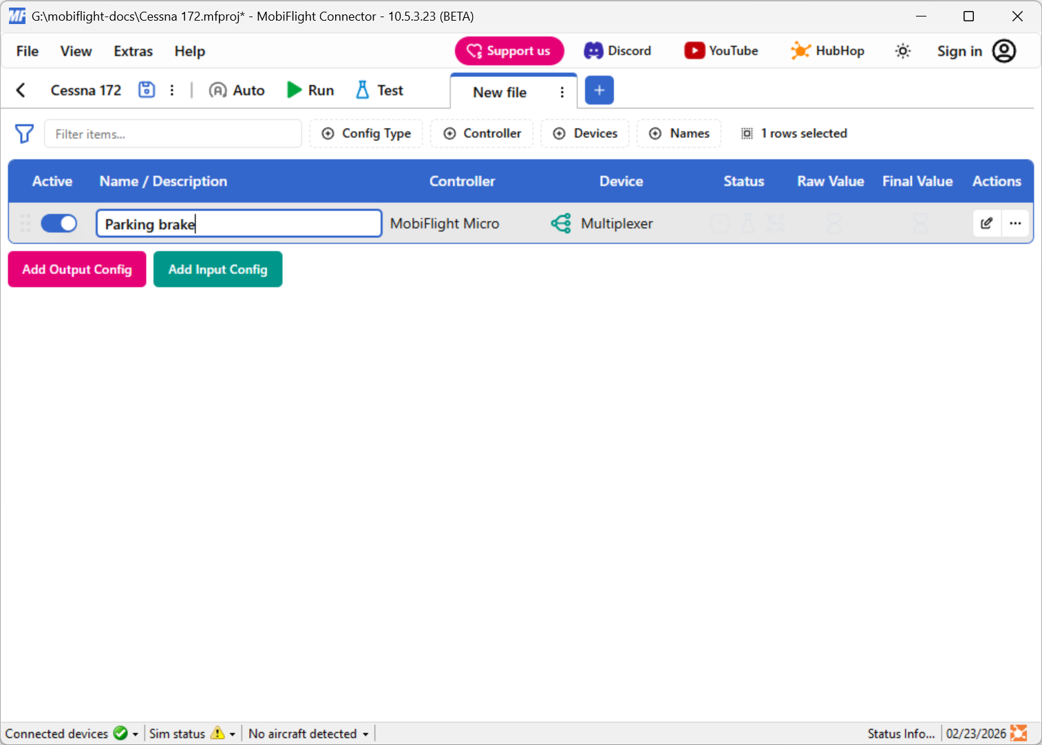 Screenshot of the main window with Parking brake entered as a custom name.