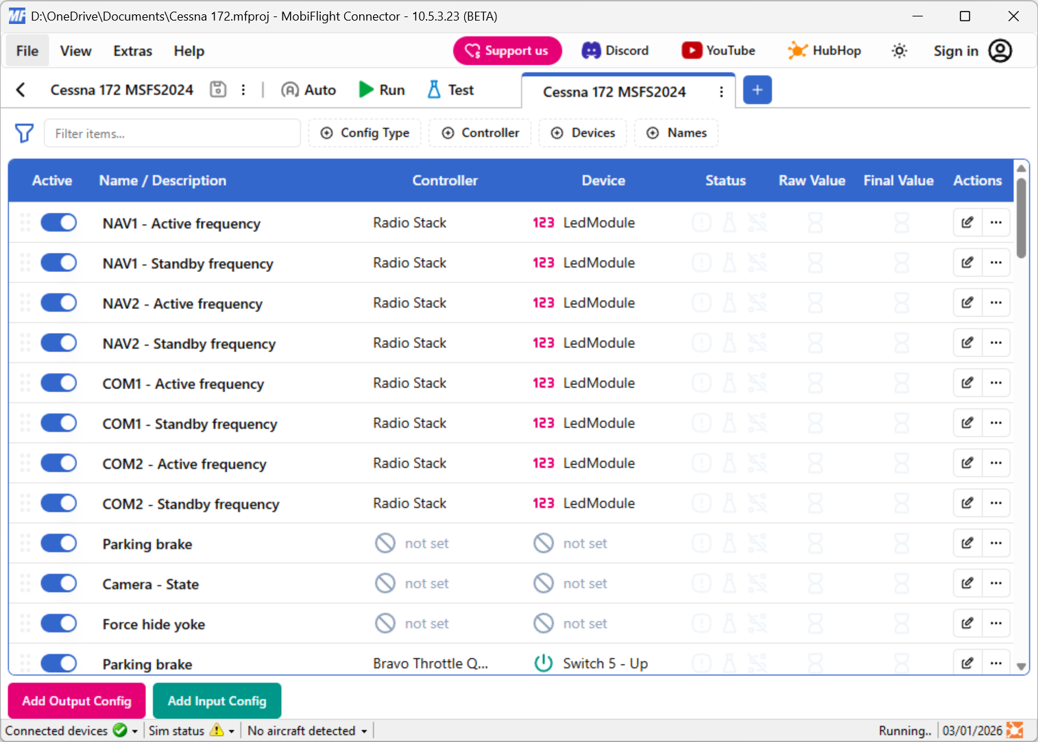 Screenshot of MobiFlight with an open project displaying a profile.