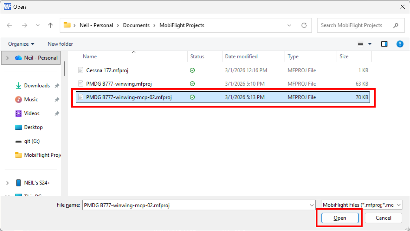 Screenshot of a file open dialog with a project and the Open button highlighted.
