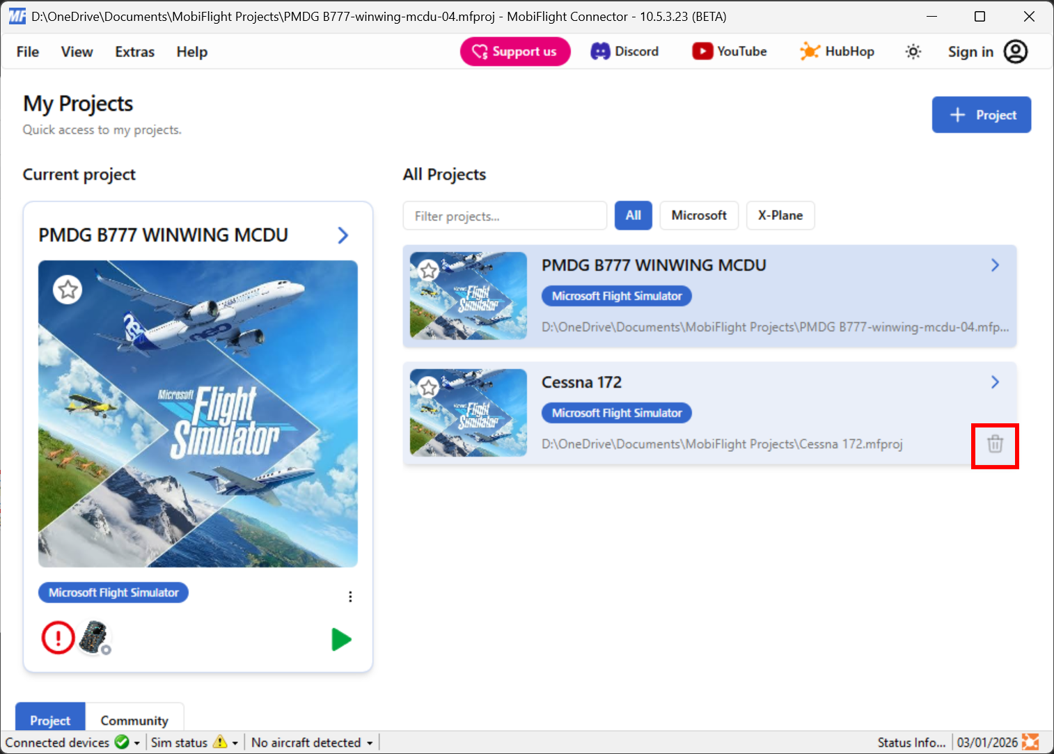 Screenshot of the MobiFlight main window with the trash can icon highlighted on a recent project.