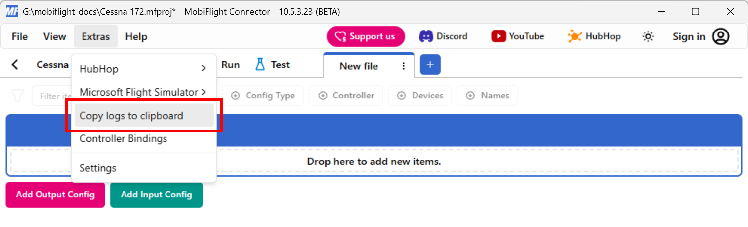 Screenshot of the Extras menu with the Copy logs to clipboard menu item selected.