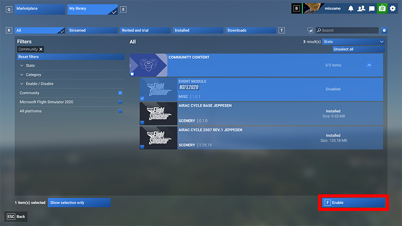 Screenshot of the Microsoft Flight Simulator 2024 My Library with the Event Module disabled.