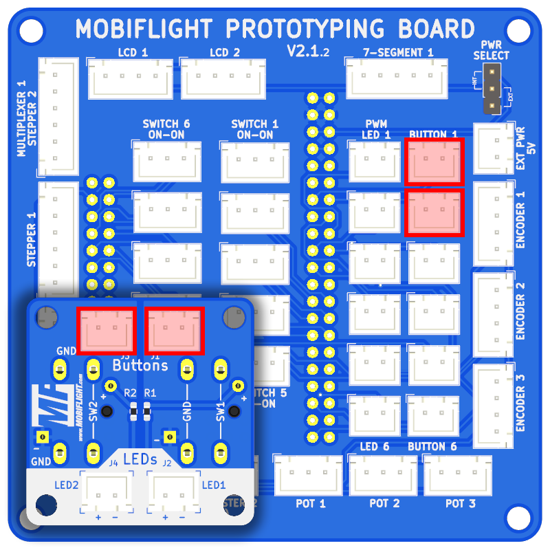Prototype board with the two connections for the buttons and the corresponding button board connections highlighted.