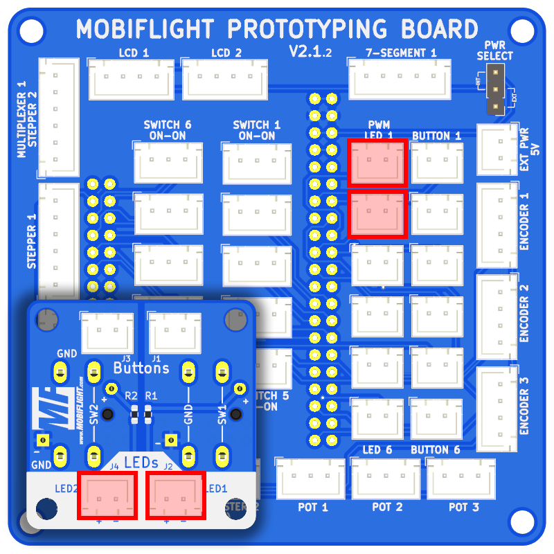 Prototype board with the two connections for the LEDs and the corresponding button board connections highlighted.