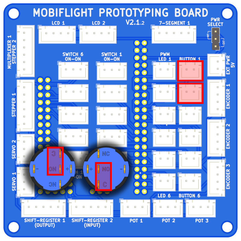Prototype board with the two connections for the buttons and the corresponding button contacts highlighted.